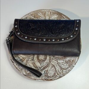 NOVONA GENUINE TOOLED LEATHER, AND RHINESTONES  BROWN WALLET